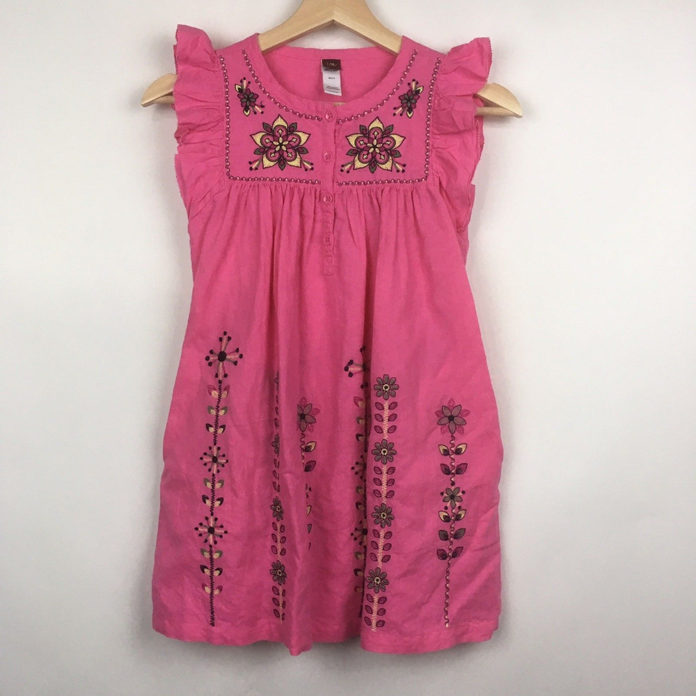 Tea Malati Kantha Pink Embroidered Linen dress